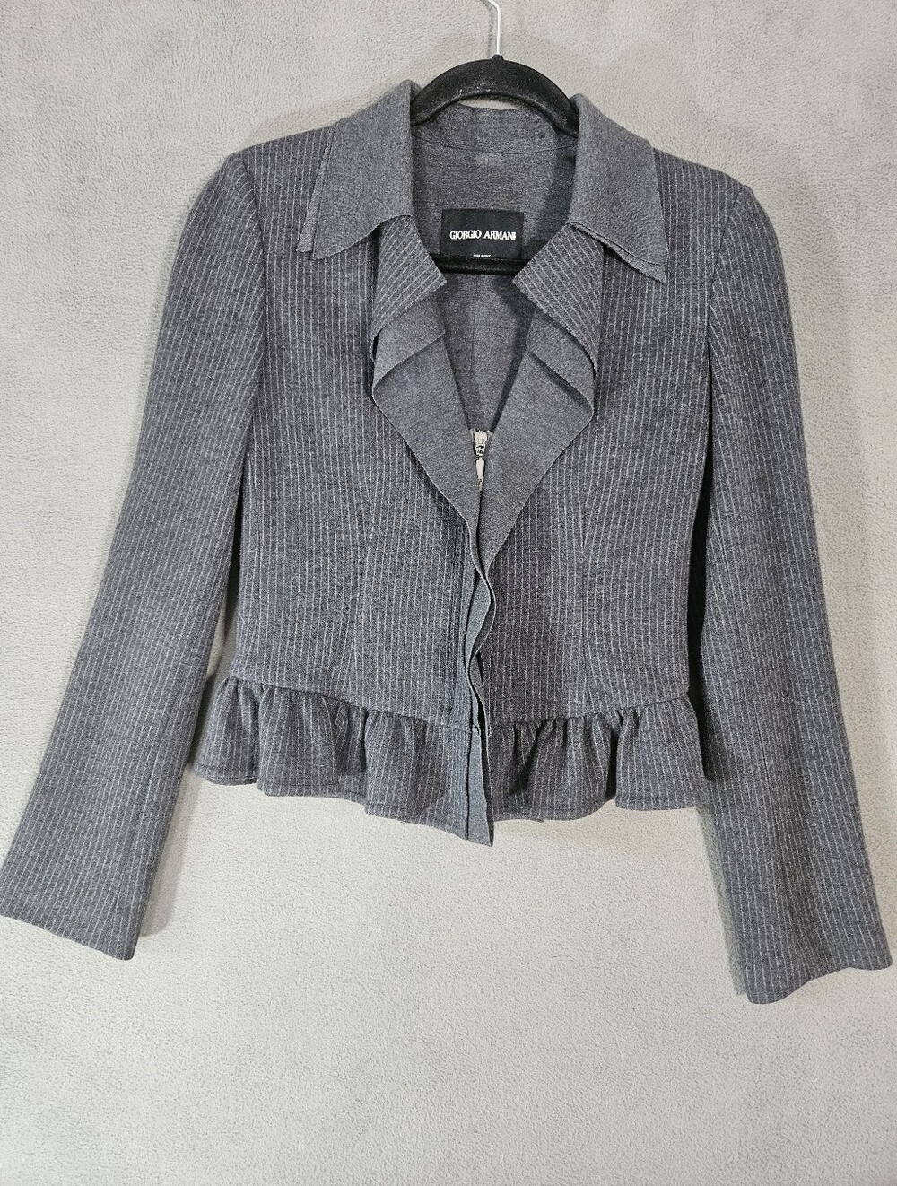 Giorgio Armani Womens Small Blazer Pinstripe Gray Ruffles Full Zip Italian